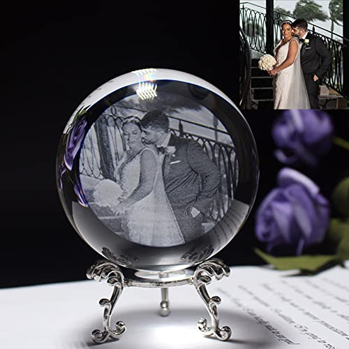 xingfa Sfera di cristallo personalizzata con incisione lase,Foto di cristallo personalizzata,Palla decorativa per la casa personalizzata (con base argentata, 8 cm)
