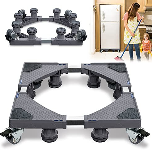 Aufun Waschmaschinen-Untergestell Verstellbare Beweglich Sockel, Podeste & Rahmen für Waschmaschinen, Trockner und Kühlschrank (L&B 45-75 cm, H 11-13 cm Einstellbare), 8 Füße + 4 Räder, Grau