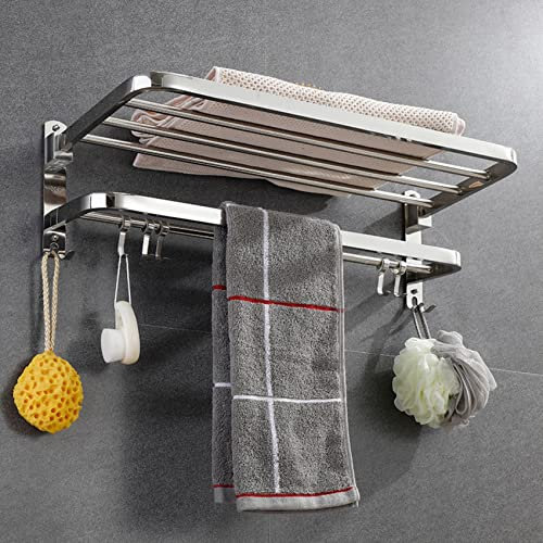 yozhch Portasciugamani da parete con doppie barre, portasciugamani in acciaio inox argento con ripiano, porta asciugamani da bagno pieghevole con ganci (58cm)