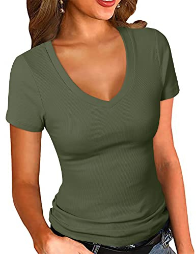 PALINDA T-Shirt ajusté à Manches Courtes et col en V pour Femme, Vert Olive, Taille M