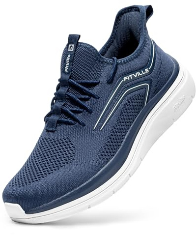 FitVille Extra Wide Fit Trainers for Men Slip On Arch Support Road Running Shoes Lightweight Athletic Sneakers for Gym Fitness Jogging Walking, Dark Blue, 9.5 Wide