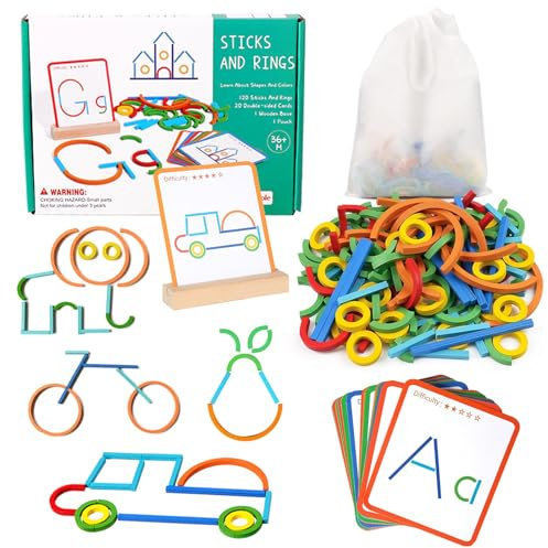 Montessori Spielzeug ab 3 Jahre, Vorschule Lernspiele, Holz Geoboard, 120 Holz Sticks und Ringe 20 Karten für Unzählige Spannende Figuren, Form Farberkennung Montessori Steckpuzzle für Jungen Mädchen