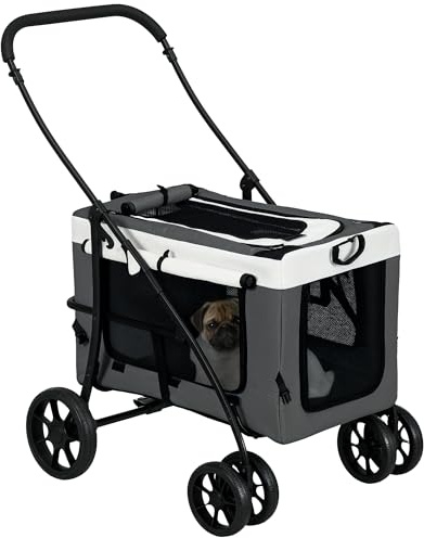 PawHut Dog Pram Dog Stroller Pet Pushchair with Detachable Carrier Soft Padding, Safety Leashes, for Mini and Small Dogs - Grey