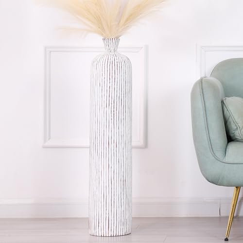 Leewadee Decorative Tall Floor Vase for Living Room Decor, 85 cm, White Wash, Resin