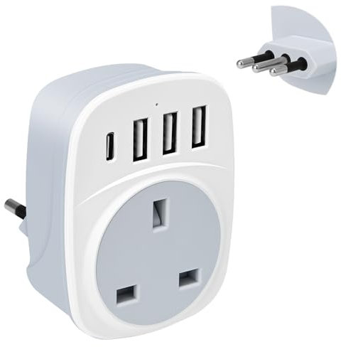 UK to Italy Plug Adapter,SHUOMAO UK to Italy Travel Adapter with 4 USB(17W USB C Charger),Converter Power Adapter for Italian Chile Ethiopia Libya Syria Tunisia Uruguay(Type L)