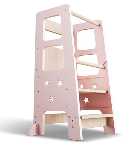 Juskys Lernturm Henny - für Kinder ab 1 Jahr, Stehhilfe, 3-Fach höhenverstellbar, Umkippschutz, Küchenhelfer - Rosa