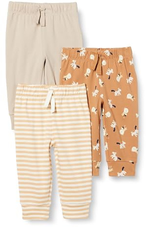 Amazon Essentials Unisex Toddlers' Cotton Pull-On Pants with Elastic Waist, Pack of 3, Taupe/Stripe/Lion and Pony, 4T