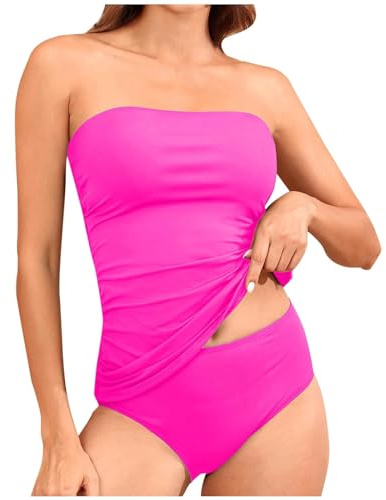 KUIH Tankini Sets for Women UK Bandeau Swimsuits with Detachable Straps Strapless Tankini Top with Shorts Tummy Control Swimming Costumes Bandeau Tankini Swimwear Swim Sets High Waist Bathing Suit