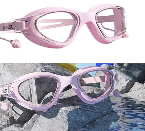 Gafas de Natación,ProteccióN Anti-Vaho ProteccióN Uv,Gafas Natacion de Visión Amplia,Tapones para los oídos impermeables,para unisex y adulto y mujer,anti niebla,100% anti UV gafas de buceo(rosa)