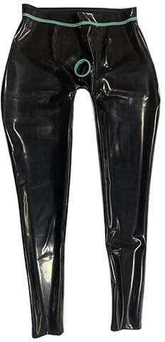 Men's Black Latex Leggings with Teal Trim, Shiny Stretch Pants
