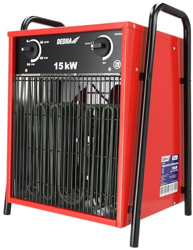 DEDRA Scaldabagno elettrico 15 kW, uadratico, rosso, utile in spazi chiusi, termostato, regolazione della temperatura regolabile, tre modalità di funzionamento, alloggiamento in metallo, superficie di