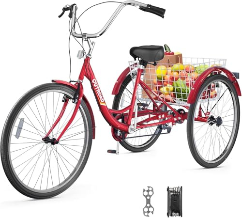 MarKnig Adult Tricycle, 24 Inch 3 Wheel Bikes with Large Basket, Cruiser Bike for Women/Men/Seniors, Adult Trike for Outdoor/Shopping/Recreation/Picnic(Red)