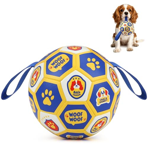 Vivifying Interactive Dog Toys Ball, PU Dog Football with Grab Tags Play Indoor&Outdoor for Tug of war and Burning Energy but Not for Chewing, Dog Ball for Small Dogs (15.24cm/6in)