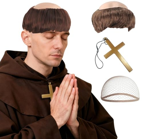 Feithmonic Perruque Moine pour Adulte Homme, Perruque Demi Chauve Latex, Collier Croix et Bonnet Wig, Perruques de Moine Tonsure pour Années 90 Prêtre Déguisement Carnaval Halloween Cosplay, Marron