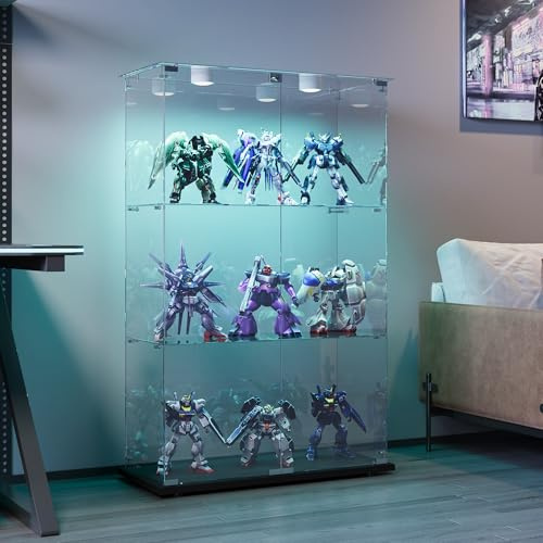 KOOPMAD Glasvitrine Standvitrine,Glasvitrine Schrank mit 2 Tür und LED-Licht,3-Stöckige,glasvitrine für Wohnzimmer, Büro,Schlafzimmer,78x35x123cm,Einfach zu Montieren, Schwarz