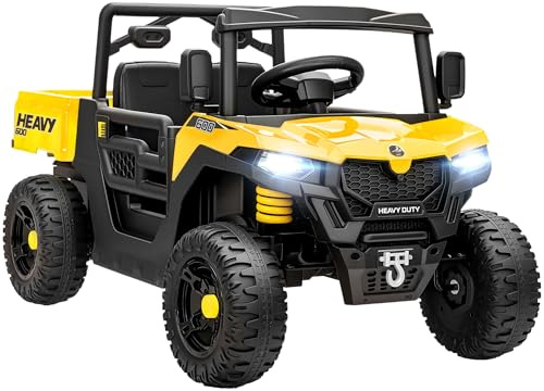 AIYAPLAY Kids Electric Car 12V Kids Ride on Car, UTV with Electric Dump Bed, 4-Wheel Suspension, Remote Control, Music, Horn, for 3-8 Ages, Yellow