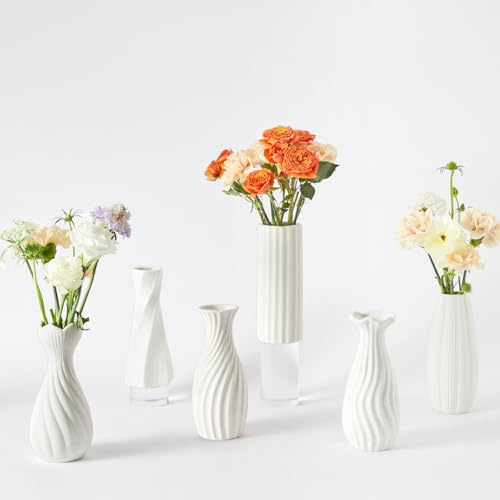 KAMJUNTAR Vitribbade keramiska vaser set om 6, 17,8 cm små blomvaser för modern boho-dekor, keramiska knoppvaser för blommor, minimalistiska minivaser för bordsdekoration, hem, kontor, sovrum, bröllop