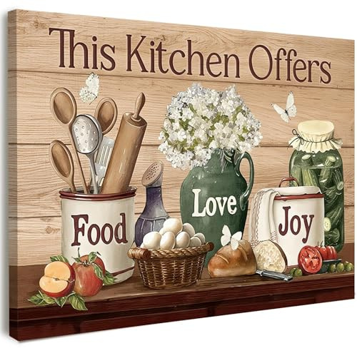 Canvas Wall Art Framed – Rustic Farmhouse Kitchen Wall Decor for Dining Room, Breakfast Nook, Pantry, Coffee Bar or Country Cottage Home Decoration, Food Quote Print with Hooks and Nails, 12x16 Inch