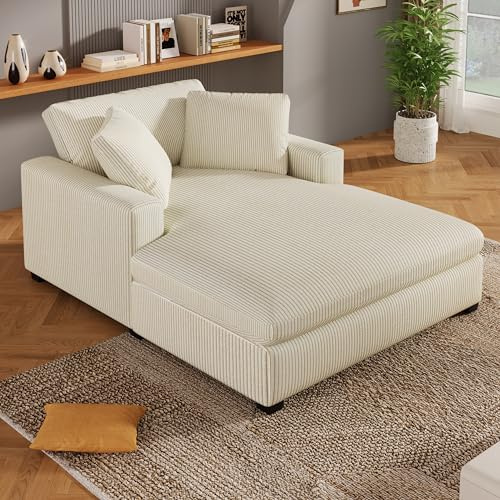 Christopher Knight Home Larrz Oversized Chaise Lounge Chair Indoor, Corduroy Upholstered Sleeper Sofa Couch, Durable Wood Frame, Deep Seat Reading Chair with 2 Throw Pillows and Armrests, Beige