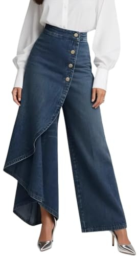 Jeans De Mujer De Talle Alto Y Pierna Ancha Pantalón Asimétrico con Efecto Cruzado Cierre De Botones Y Aberturas Laterales