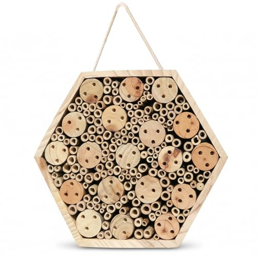 Mason Bee House Hexagon Wooden Bee House for Garden - Natural Hotel with Hanging Rope, Mason for Outdoor to Attract Pollinators, Bug Hotel Garden