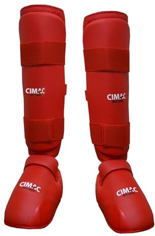 CIMAC Shin & Foot Protector with Removable Instep Pads - Small Karate Shin Guards, for Martial Arts Training and Sparring, with Secure Close, Ultimate Protection WKF Style, Red