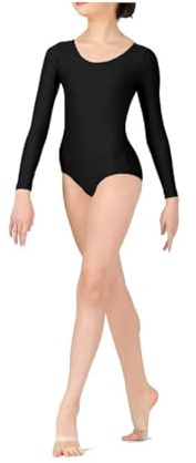 BODYWEAR LTD - Girls Long Sleeve Leotard - Shiny Nylon – Comfortable Fit – Performance Wear - Dance Class Essential - Ballet Gymnastics, Dance, School, Sportswear (Black, 7-8 Years)