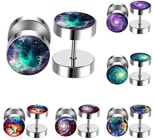 FLYUN 6Pairs Black Men Earring Galaxy Nebula Earrings Fake Ear Gauge Cheater Piercing Plug Tunnel 10MM Stainless Steel (Orange)