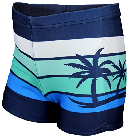 Aquarti Maillot de Bain Garçon – Boxer de Bain Garçon avec Rayures, Séchage Rapide et Coupe Confortable, Bleu Foncé/Vert/Palmier, 140