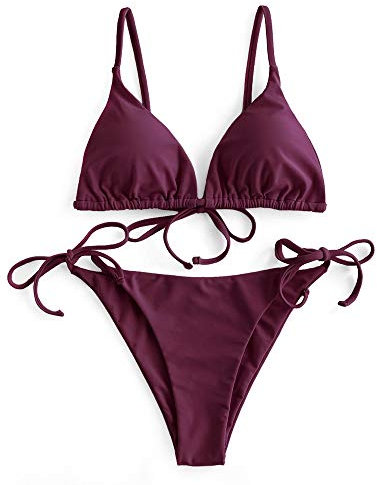 ZAFUL Damen Gepolstert Bikini Set, Einfarbig Bikini Badeanzug mit Dreieck Cup Spaghetti-Träger (Weinrot, M)