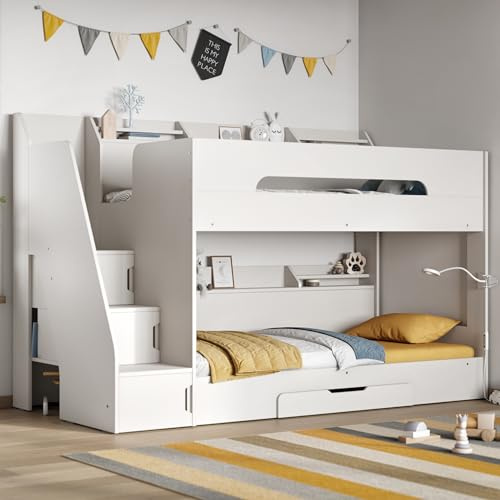 Flair Furnishings - Double Bunk Beds for Kids, Staircase Bunk Bed with Storage, Heavy Duty and Sturdy, Cosy, Stylish, Space Saving Design (White)