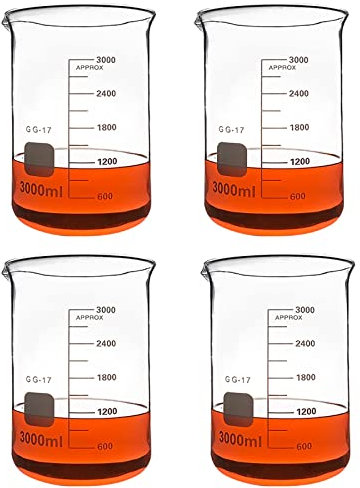 4 Stück Glasbecher, (1000ml 2000ml 3000ml) transparenter Borosilikat-Laborbecher, Niedrige Form Glas Messbecher mit Skala und Auslauf, Wiederverwendbar für Labor/sch