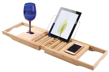 Avilia – Vassoio Vasca da Bagno Estensibile in Bambù 70-104 cm con Porta Oggetti, Calice, Sapone, Spugna e Leggio Regolabile, 22 x 70/104 x 4,5 cm, Elegante Mensola Bagno Impermeabile