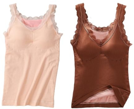ACMEDE 2 pièces Débardeur Thermique Femme avec Dentelle XL/4XL, 2 en 1 Haut Thermique Femme avec Soutien-Gorge Amovibles Tissu Polaire Thermique doublé sous-vêtements Haut sans Manches 35-110kg