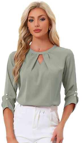 Allegra K Camisa De Oficina De Trabajo para Mujer Blusa De Gasa De Manga 3/4 con Pliegues En El Frente Plisado con Ojo De Cerradura Gris L