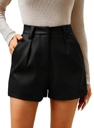 Milumia Women's PU Leather High Waisted Pleated Wide Leg Dressy Shorts with Pocket Solid Black Large