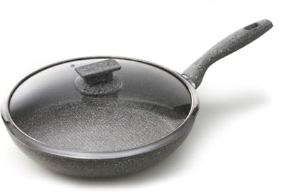 Avilia Padella Antiaderente Induzione con Coperchio - Effetto Pietra, Cottura Senza Olio, Manico Ergonomico Soft-Touch, Ottima per Carne, Pesce e Verdure, 24cm, Made in Italy