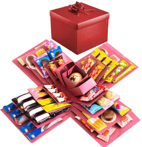 Pasdrucn DIY Explosion Gift Box, 5 Layer Snack Explosion Box with tape and ribbon, Scrapbooking Boxes, photo album, photo gifts, Creative Explosion Boxes for Anniversary,Birthday,Valentine's Day(Red)