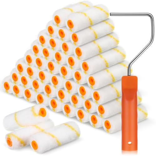 Tioncy 50 Pcs 4 Inch Microfiber Paint Roller Covers Bulk 1/2 Inch Nap with 1 Paint Roller Frame for Walls Tools House Home Improvement Supplies