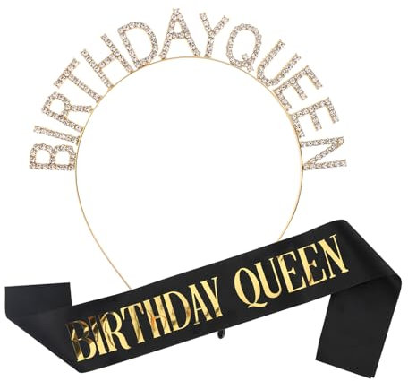 Prasacco 2 Stück Geburtstag Krone Schärpe Set, Birthday Queen Geburtstagsdekoration Goldene Kristall Geburtstagskrone und Schwarzer Geburtstag Schärpe Set Glänzende Strass Krone für Mädchen-Geburtstag