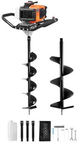 VEVOR 1450 W Perforadora de Postes a Gasolina de 52 cc Excavadora de Postes a Gas con Brocas de 150 y 250 mm y 3 Varillas de Extensión para Postes de Cercas Y Plantas de Jardín, Naranja y Negro