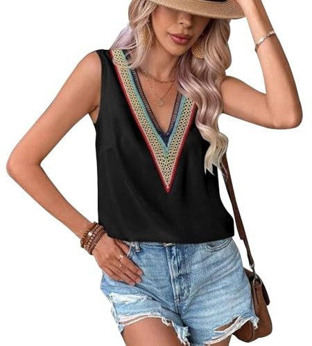 KBRPEY Camiseta Tirantes Mujer Tank Top Camisola Verano Cuello V Bordado Étnico Blusa sin Mangas Tops Casual Ropa Deportiva Elegante Algodon