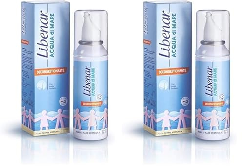 Libenar Spray Nasale Decongestionante Acqua di Mare per Adulti, Bambini e Neonati, Adatto per il Naso Chiuso e Lavaggi Nasali, Punta Morbida, Getto Delicato, 100ml (Confezione da 2)