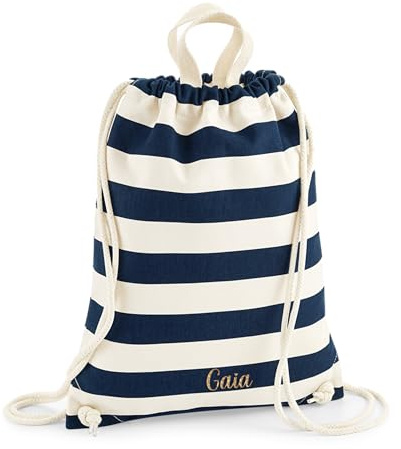 Caribu design Sacca Sportiva Personalizzata con Nome Testo Iniziali per Sport Palestra Spiaggia Ginnastica - 100% Cotone Zaino Borsa a Righe Coulisse Lacci Regolabili da Donna/Uomo (Blu/Panna)