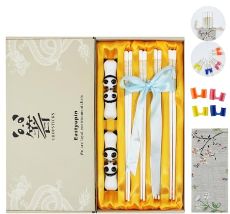 Eastyupin 4 Pares Reutilizable cerámica Palillos Chinos ，Palillos japoneses antideslizantes para sushi ，4 palilleros en forma de panda, 4 ayudantes para palillos，Apto para lavavajillas