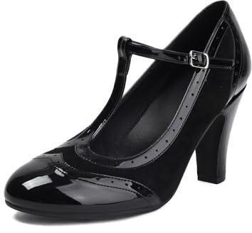 graceretro Damen Mary Jane Wingtip Rockability Oxford Schließen Runde Zehenpartie Vintage 1950er Jahre Heels T-Straps Retro 1920er Jahre Viktorianische Pumps Schuhe (Black EU38)