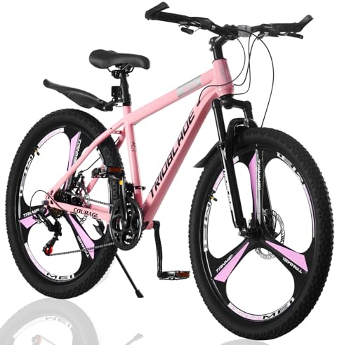 LSBIKE 24/26/27.5 Inch Mountain Bike 21 Speed Drivetrain Bike Mountain Bicycle for Adult 3/10 Spoke Wheels bicycle Men Dual Suspension Hardtail Bike Women Sport Cycling (Pink, 26inch)