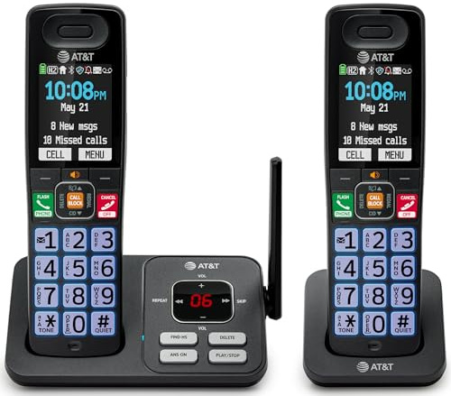 AT&T Cordless Phone, Landline Phones for Home with Smart Call Blocker, 2 Handsets Bluetooth Phone, Large Color Display, Big Buttons, Long Range, Digital Answering System: BL108-2 (Charcoal & Silver)