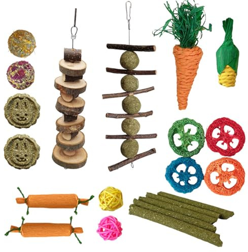 RowGlow 21pcs Juguetes para Conejos, Juguetes Masticables para Conejos, Hámsters, Cobayas Chinchillas, Juegos para Roedores, Palos Heno Timoteo, Palos Manzano, Bolas Ratán para Mascotas con Dientes