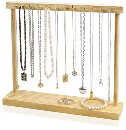 wlsvega Soporte de madera para joyas,almacenamiento de collares,soporte para collares de joyas,con 12 ganchos,base rectangular estable,adecuado para el hogar,el dormitorio o el tocador (color madera)